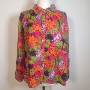 CC California Floral/Animal Print 100% Linen Hi/lo Button Front Size 1X